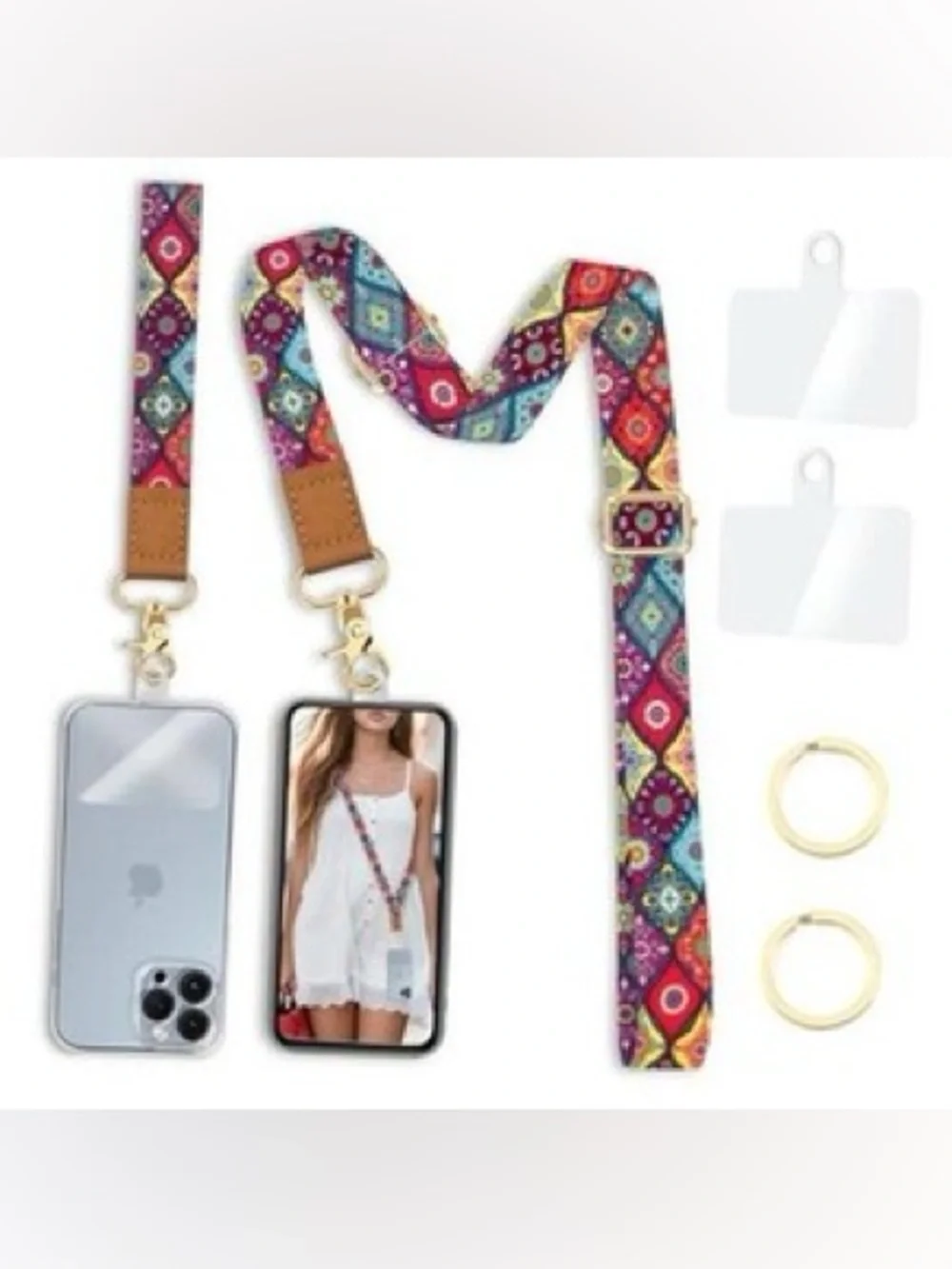 Phone Crossbody Lanyard Strap with Colorful Geometric Print - Multicolor